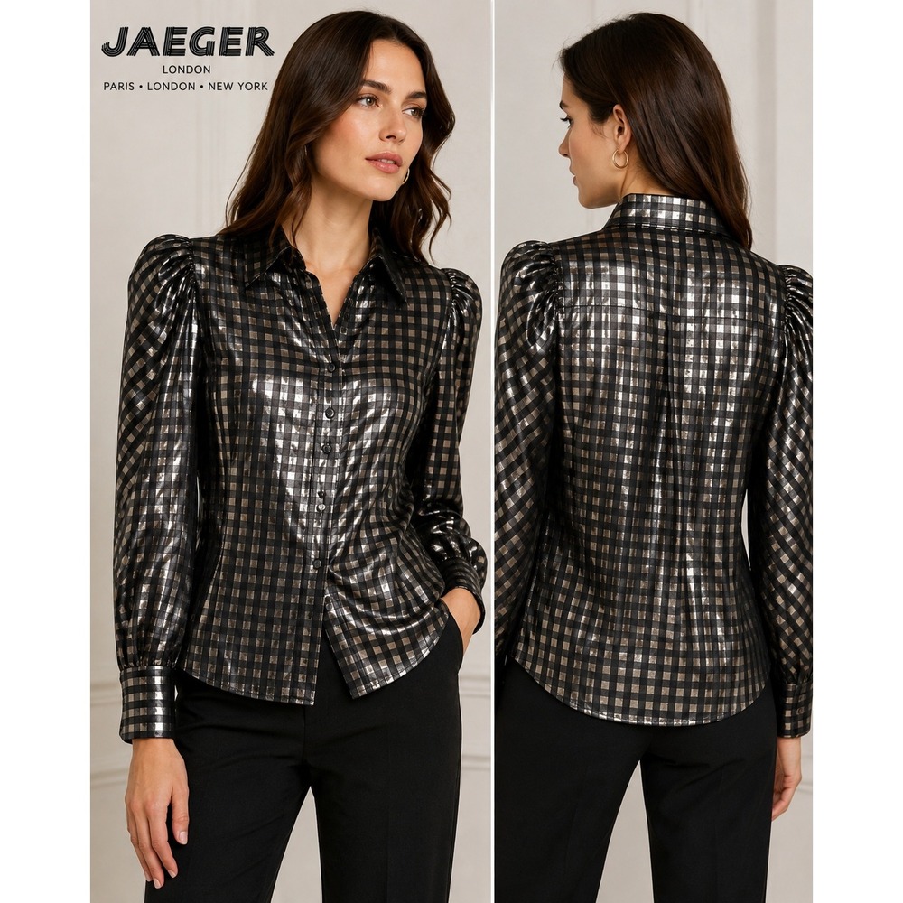 Jaeger London Vintage Metallic Silver Gingham Puff Shoulder Button Down Shirt